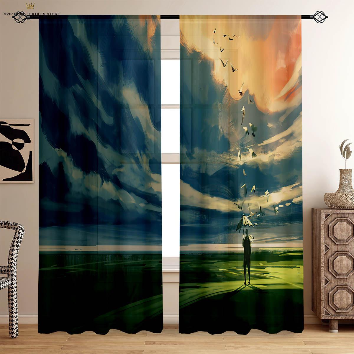 Закат Звездное Небо Пейзаж Масляная Живопись Узор ПечатьШторы Спальня Пространство Жилое Пространство Кабинет Общежитие ДекоративныеШторы W50X130H(CM)X2PCS&Grommet Top