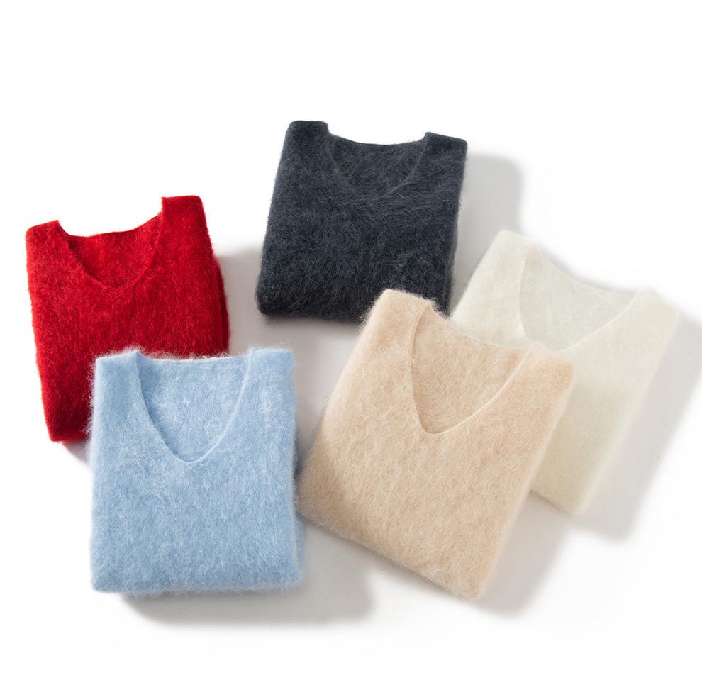 Women's Soft V-Neck Cashmere Pullover - 100% Pure, Fluffy, Seamless, Long Sleeve, Loose Fit, Ideal for Autumn and Winter
