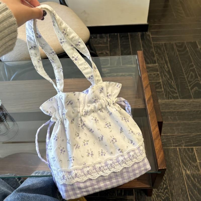 Floral Plaid Lace Women's Drawstring Shoulder Bags Student Commuter Ladies Tote Handbags Large Capacity Portable Girl Lunch Bag