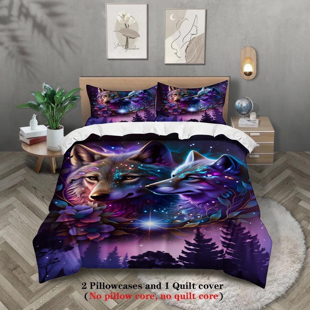 3pcs Purple Bedding Sets Comforter Not Included 3D Printed Valley Flowers Wolve Fox  Bedroom Soft Queen King Size Duvet Cover