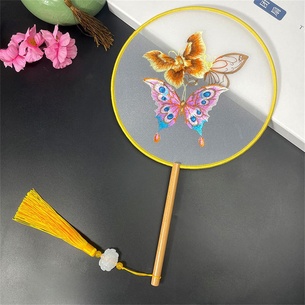 Round Double Sided Embroidery Fan Chinese Style Wooden Handle Embroidery Round Fan with Pendant Handheld Flower Silk Fan