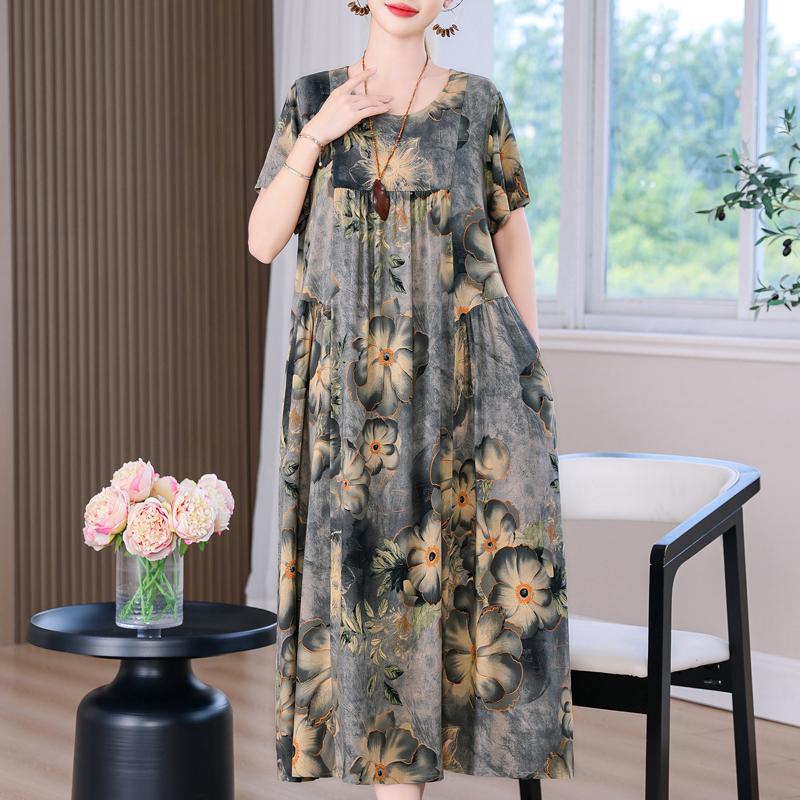 Elegant Long Dress for Women Vintage Clothes Plus Size Casual Short Sleeve Summer Loose Dress