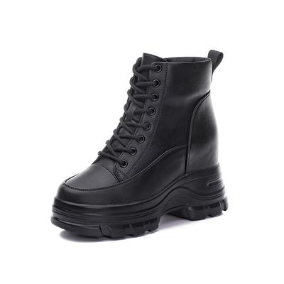Scarpe con Zeppa Piattaforma in Pelle Nera di Mucca 9cm Autunnali Décolleté Donna Stivaletti Stringati Primavera Sneakers Chunky A Mezza Gamba Invernali Peluche