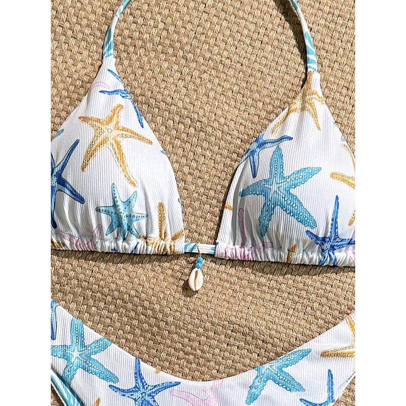 New Sexy Lace Up Neck Starfish Print Set Swimsuit Bikini Low Waist Bikinis Swimwear Beach Swimsuit Swimwear