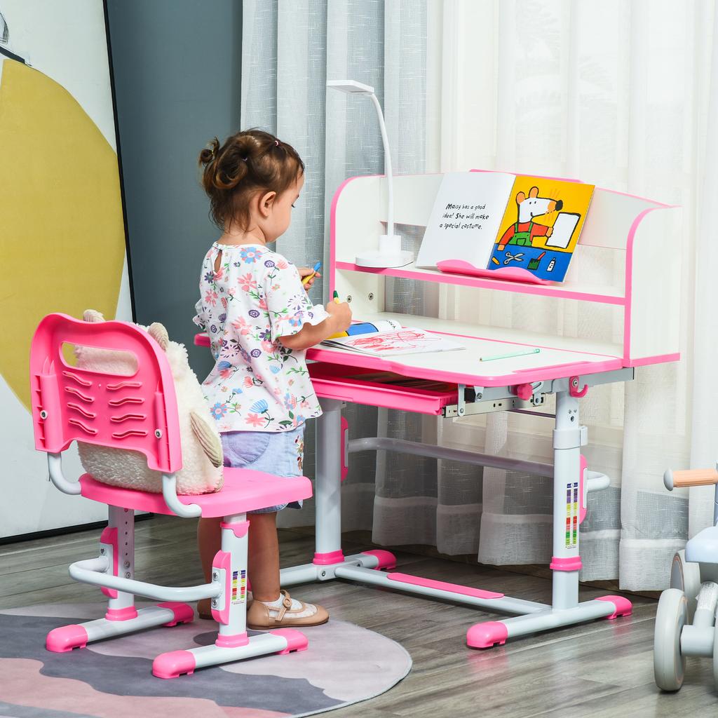 Scrivania Scolastica per Bambini 6-12 Anni Regolabile con Luce LED, Pupitre e Portapenne, in MDF, PP e Acciaio, Rosa