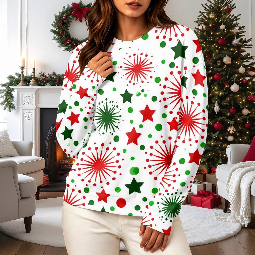 Women's Casual Long Sleeve Christmas Print Neck Pullover Sweatshirt