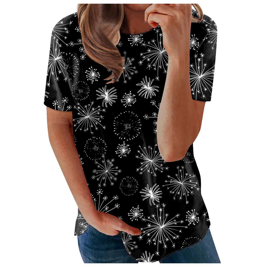 Women's Summer Flower Print Round Neck Short Sleeve T-shirt Top