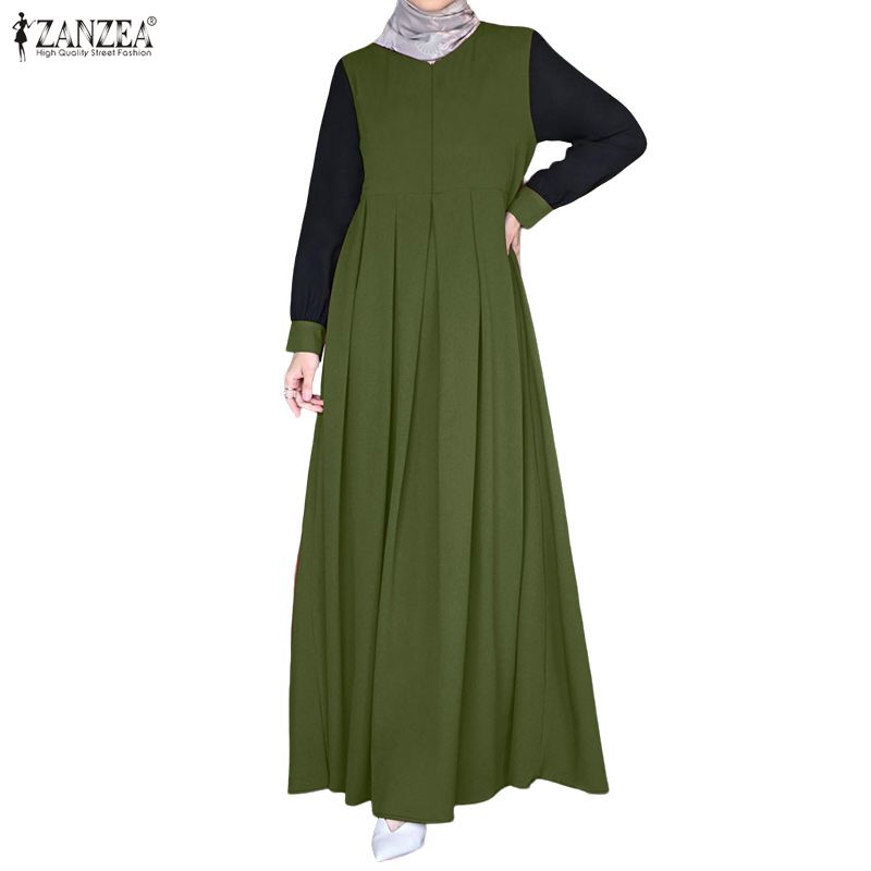 ZANZEA Women Casual Round Neck Splice Long Sleeve Muslim Long Dress