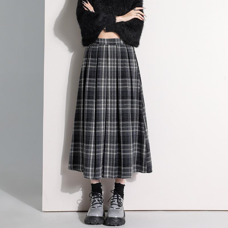 Plaid Woolen Pleated Skirt Women's 2026 Autumn and Winter Retro Elastic Waist Skirt Medium and Long A-shaped Umbrella Skirt