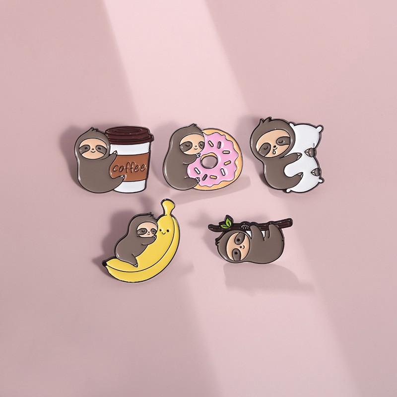 Adorable Cartoon Sloth Metal Badge Enamel Pin Fun Coffee Donut Banana Brooch Accessory For All Ages