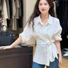 Women's Solid Color Shirt Female Strap Turn-Down Collar Long Sleeves Blouse New Korean Style Versatile Loose Lady Top