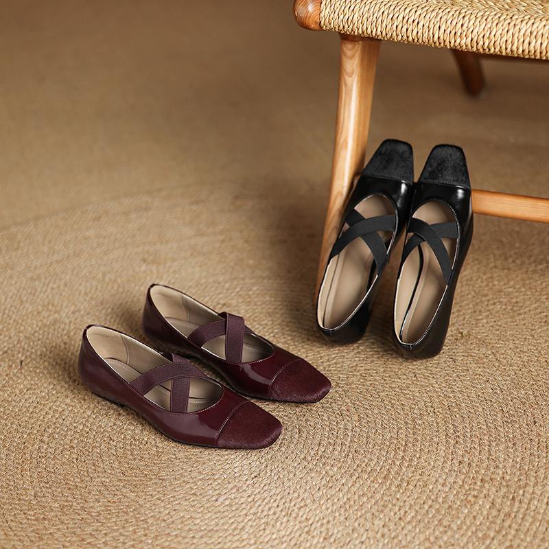 Krazing Pot Cow Skin Spring Summer Size 41 Horsehair Thick Low Heels Women Square Toe Basic Clothing Shallow Pumps