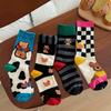 4 Pairs Grumpy Bear Series Cartoon Cute Black & White for Women Mid-Calf Socks Fall/Winter Checkerboard Socks Trendy Socks