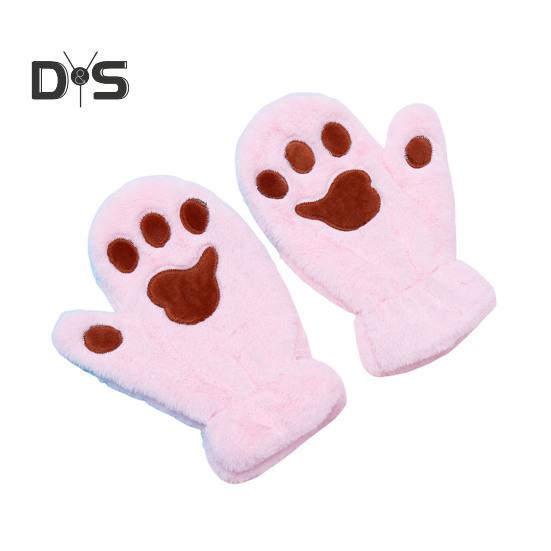 1 Pair Women Winter Mittens Cartoon Cat Paw Shape Thick Plush Anti-slip Heat Retention Outdoor Skiing Cycling Gloves