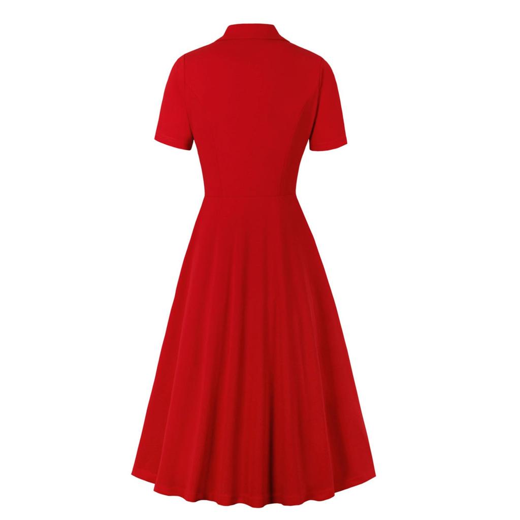 Women's Short Sleeve Color Vintage Lapel Dress With Large Swing Skirt