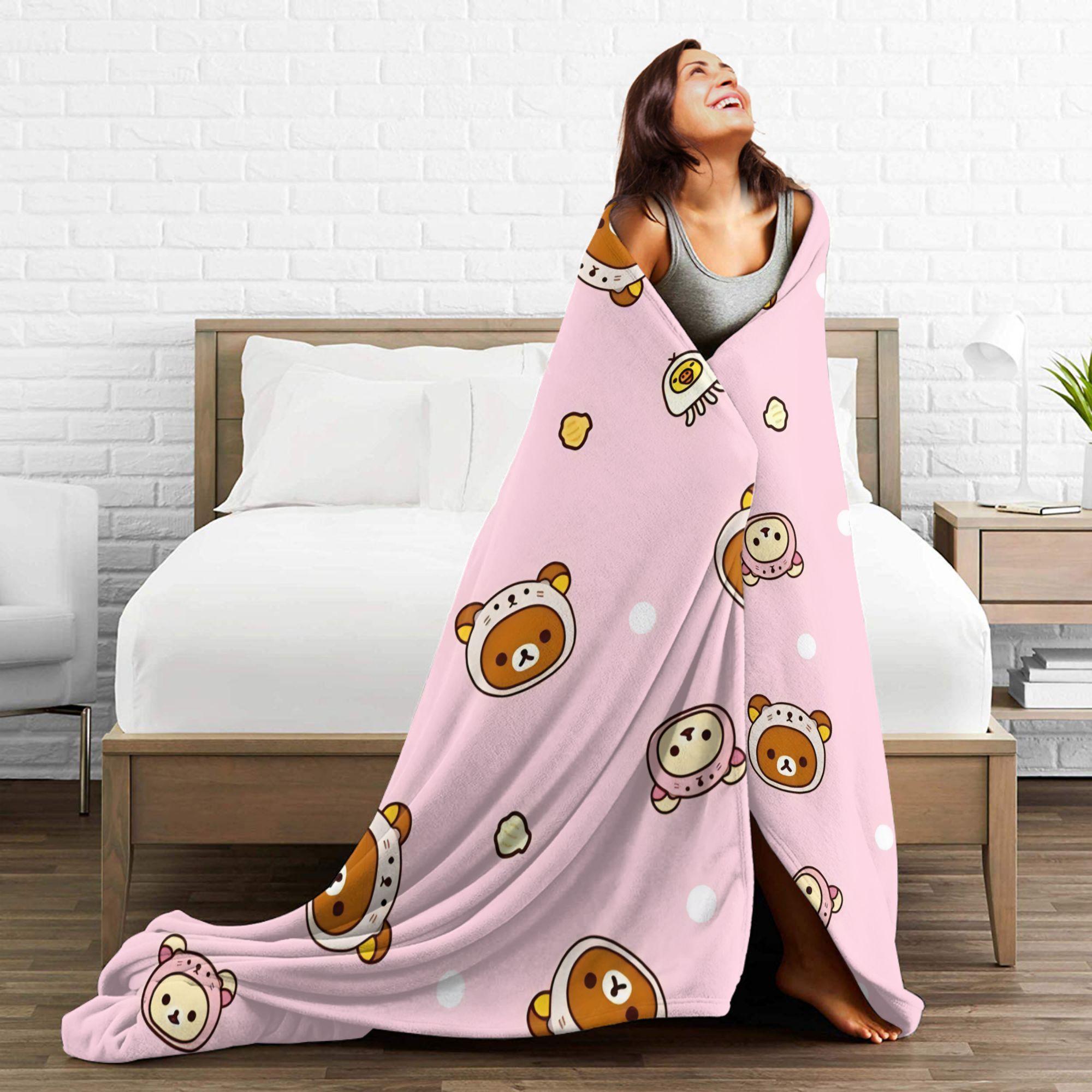 Rilakkuma Cute Cartoon Blankets Flannel Autumn/Winter Lightweight Throw Blankets for Bedding Couch Plush Thin Quilt