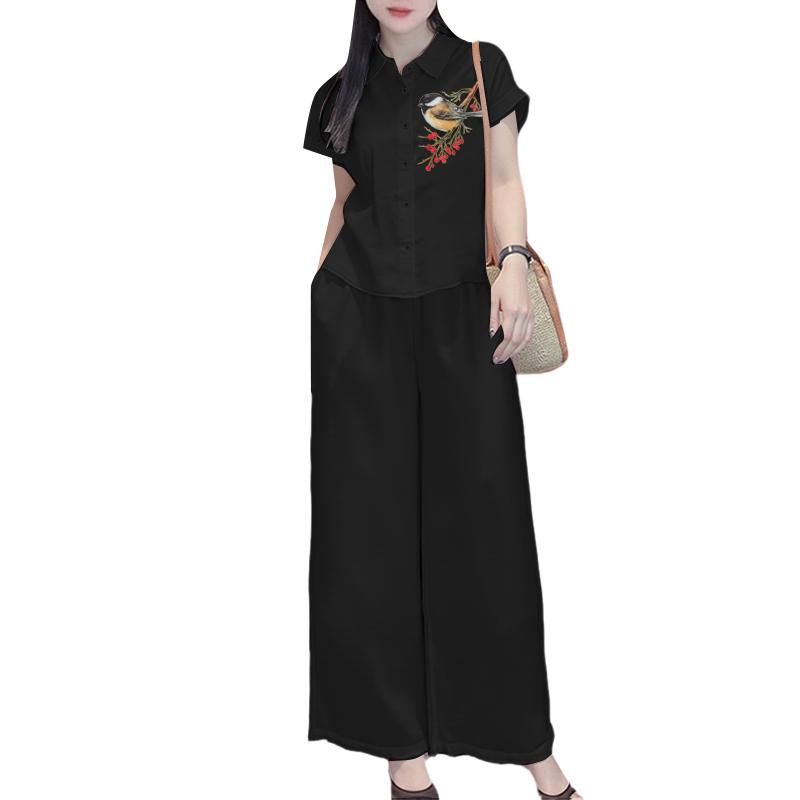 

ZANZEA Женский костюм из блузки с коротким рукавом и брюк с принтом, повседневный, из двух предметов 3XL чёрный