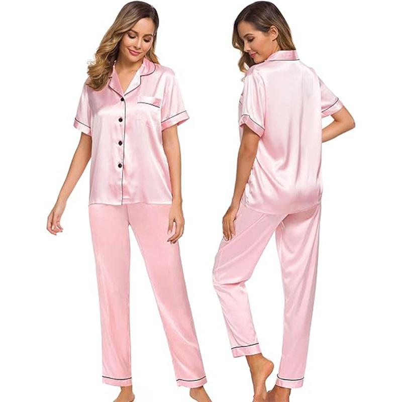 Amazon Independent Station Eisseiden-Pyjama Satin-Set Kurzarm Lange Hose Übergröße Damen Loungewear