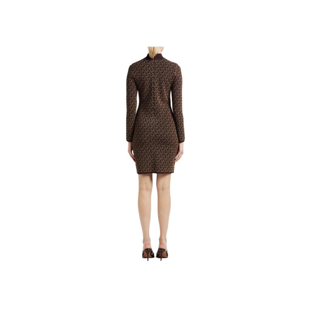 Michael Kors SS23 Allover Logo Jacquard Round Neck Knit Slim Fit Long Sleeve Dress Women dresses Chocolate MH180NV5KZ-201