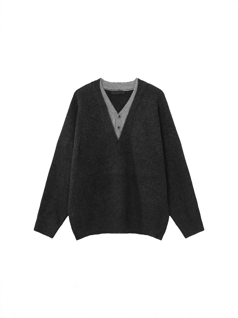 Men's Retro V-Neck Knit Sweater – Two-Piece Look, Casual Loose Fit, Long Sleeve Pullover for Autumn/Winter.