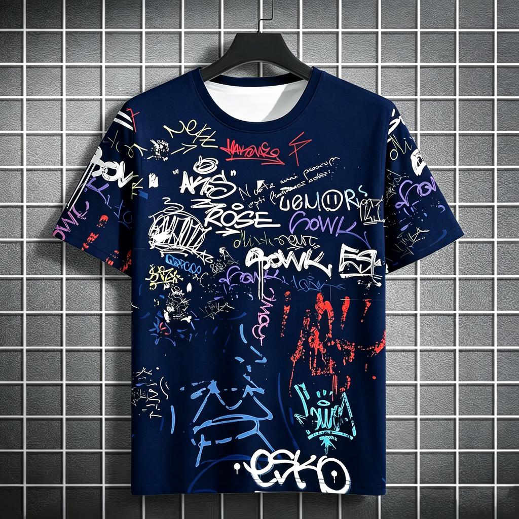 Colorful graffiti letter all-over print  crew neck short-sleeved T-shirt, skateboarding hip-hop casual short-sleeved shirt.
