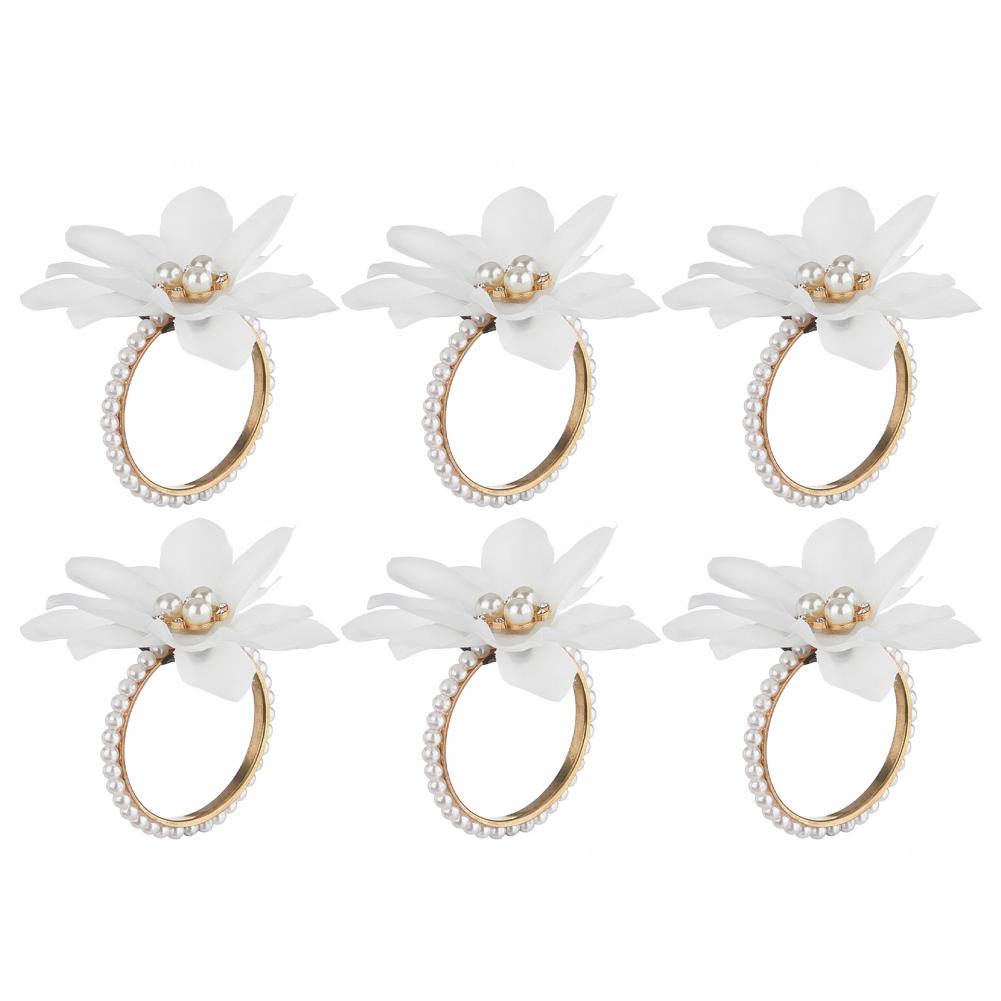 6Pcs White Lotus Napkin Rings, Chiffon Flower Metal Ring Holders, Faux Pearl Design For Wedding Bridal Shower Table Decor