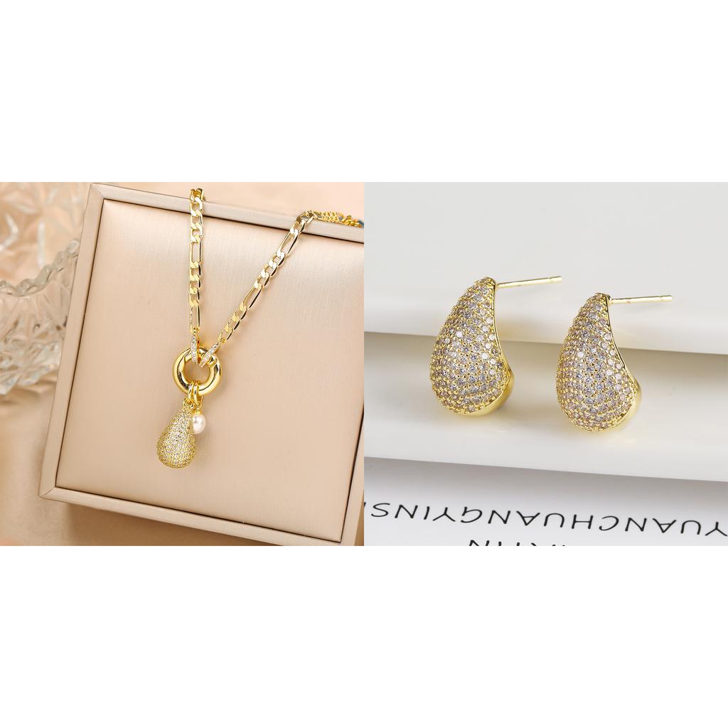 2Pcs Shiny Zirconia Water Drop Necklace Comma Earrings Jewelry Set Jewelry choker Luxury for Woman Girl Daily Party Jewelry Gift