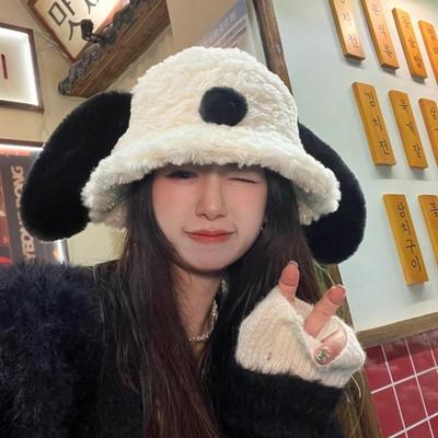 Winter Doggie Ear Bucket Hat Warm Women Plush Hats Cute Fluffy Puppy Ear Hat  Lady
