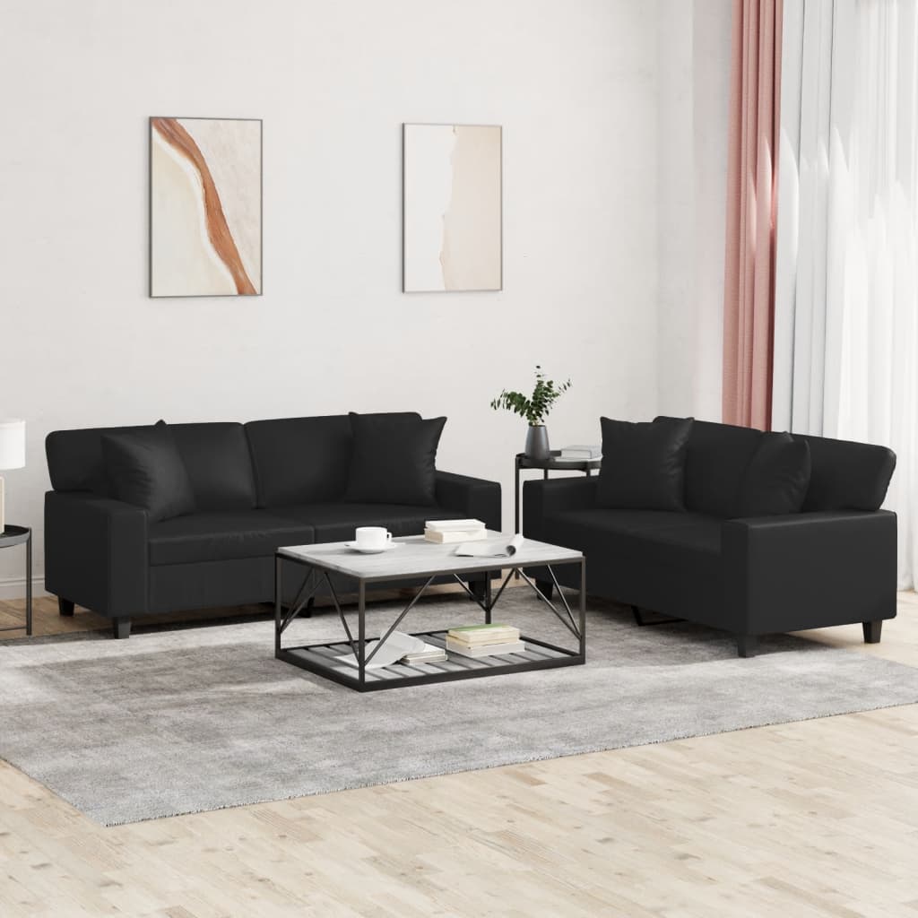 2 Piece Sofa Set with Cushions Black Faux Leather