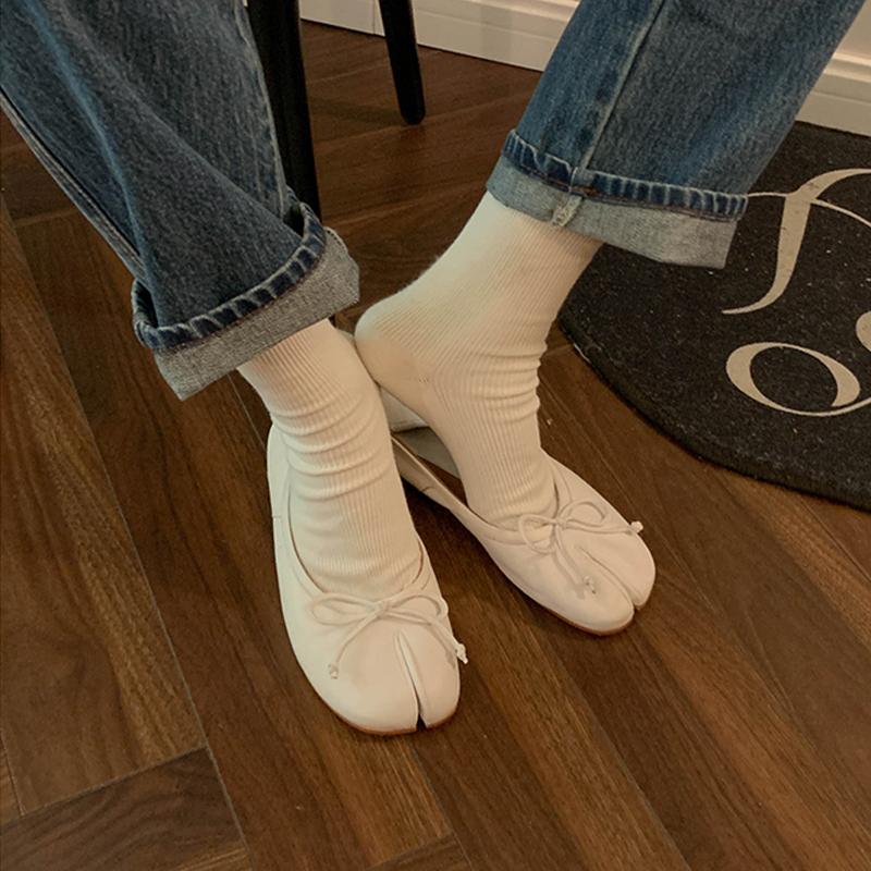 Mode IPPEUM Ballerinas Damen Zehentrenner Schuhe Übergröße 44 Schwarzes Leder Mary Janes Schmetterlingsknoten Ballerinas Zapatos mujer