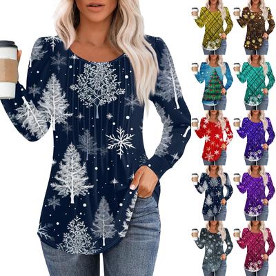Ladies' Casual And Fashionable Printed Round Neck Long Sleeved Pleated T-shirt Top For Christmas