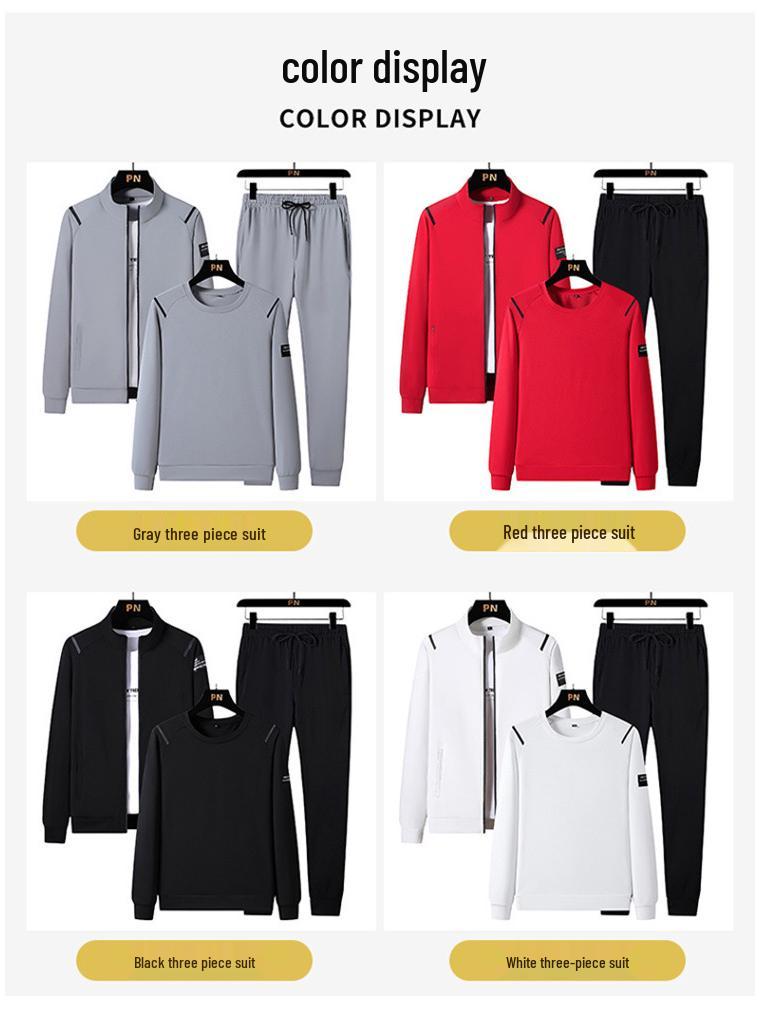 Men's Trendy Stand-Collar Sportswear: Three-Piece Set with Jacket, Long Sleeve Sweatshirt, and Pants for Autumn and Spring. Plus Size Available.