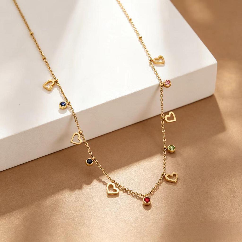 18K Gold Plated Titanium Steel Hollow Heart Necklace with Colored Zircon Tassels for Women - Colorfast Clavicle Chain
