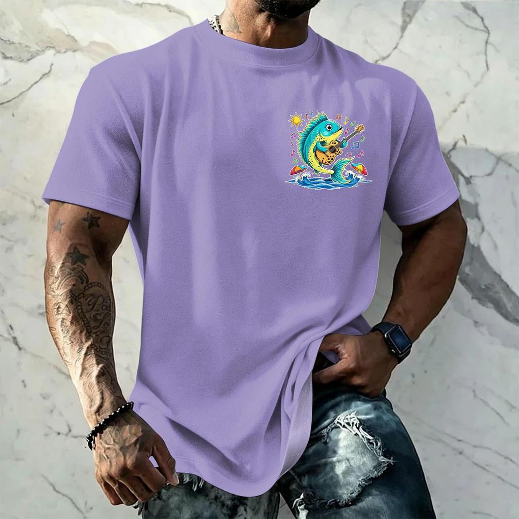 Men's Vintage Textured Print Short Sleeve T Shirt Loose Fit Casual Summer Daily Wear Top with Graphic Fish Design