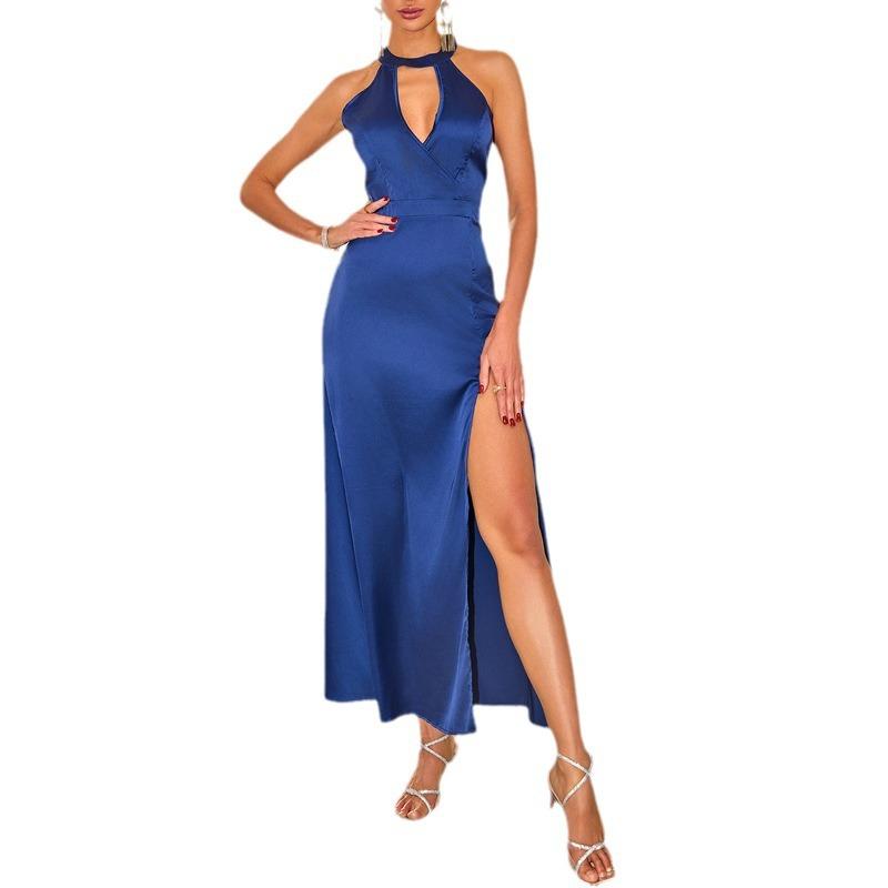 Spring and summer high-end neck dress European and American temperament slim-fitting sexy backless split dress