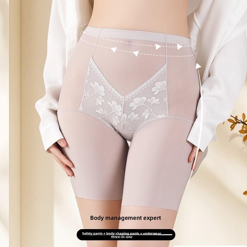 Women's Summer Lightweight Lace Ice Silk 10A Bacteriostatic Crotch Traceless Anti Slip High Waist Belly Retraction Safety Panties
