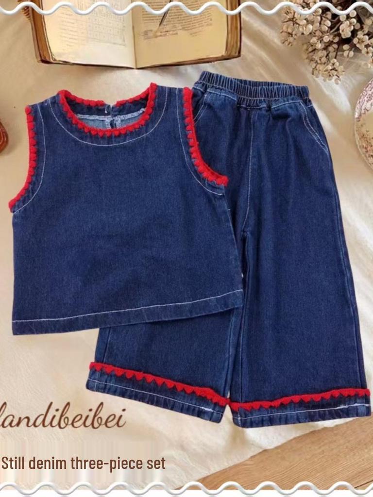 New Girls' Stylish Korean Spring/Autumn Denim 3-Piece Set