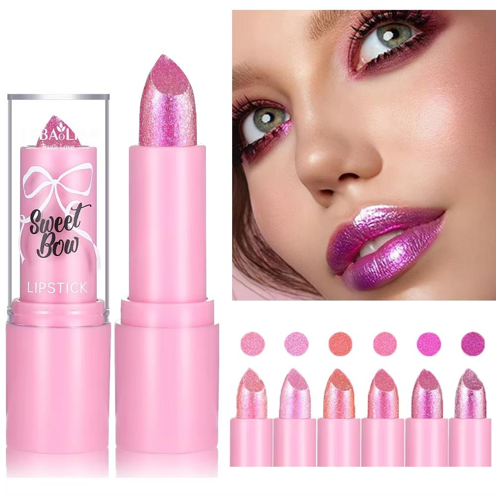 Bow Glitter Lipstick Bright Rose Pink Diamond Lipstick Mirror Pearlescent Shine Waterproof Long-Lasting Glossy Lip Tint Makeup