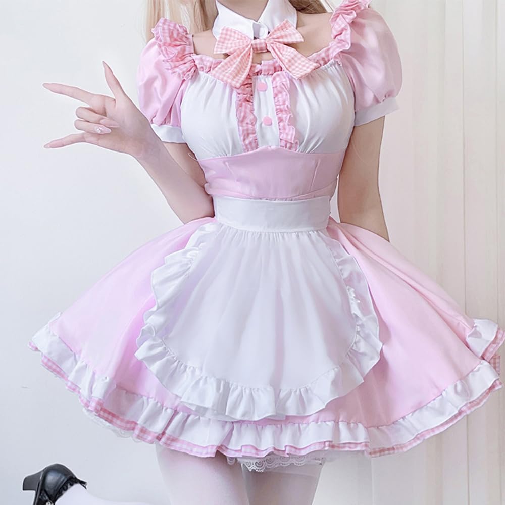 Shangki Manufacturing Gothic Lolita Dienstmädchen Moe Cosplay Short mit ordentlicher und hübscher Kellnerin Rosa Dienstmädchen Übergröße Outfit, Kostüm, Ärmel, Rüschen,