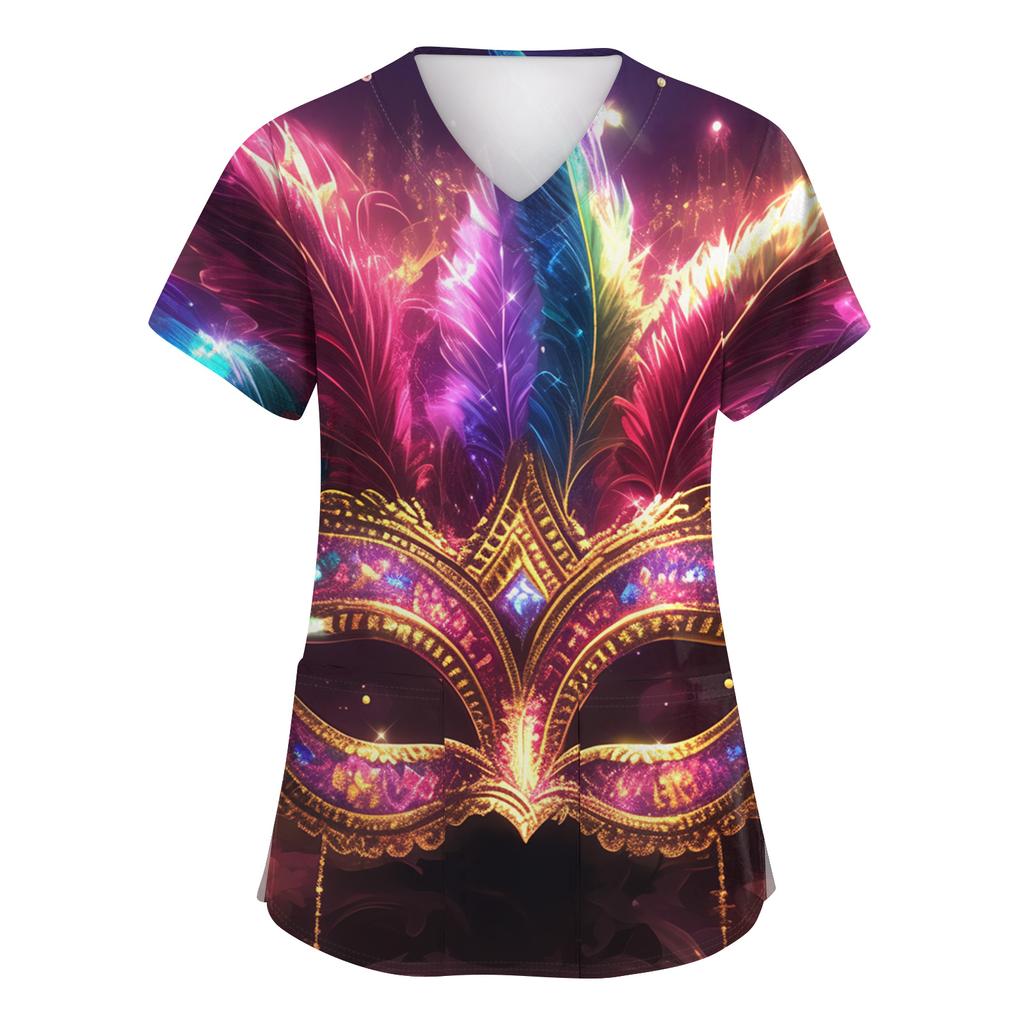 Women's Fashion Short-Sleeve Carnival Print V-Neck Pocket Workwear Top