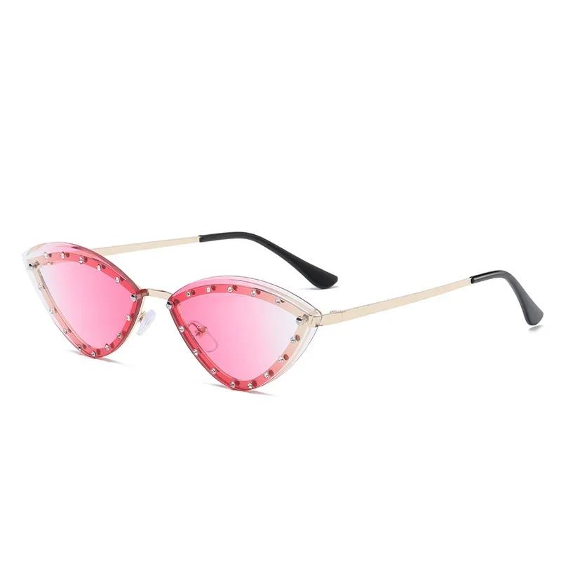 Vintage Cat Eye Women Luxury Diamond Sunglasses Rimless Ocean Lens Female Triangle Rhinestone Sun Glasses Shades Uv400
