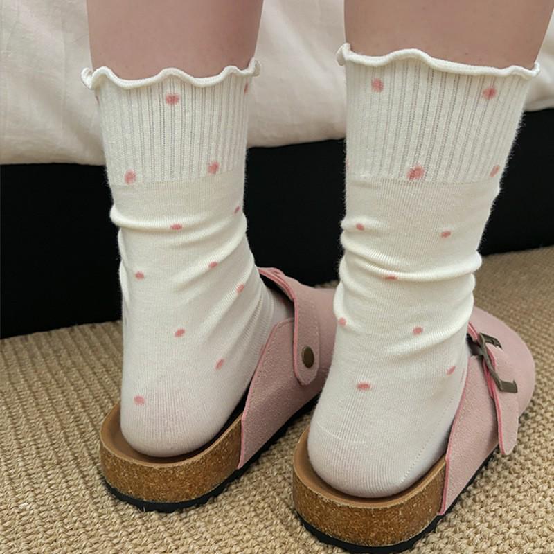Women's Japanese Style Mid-Calf Cotton Lace Socks, Ruffle Edge, Polka Dot, Versatile for Spring to Autumn