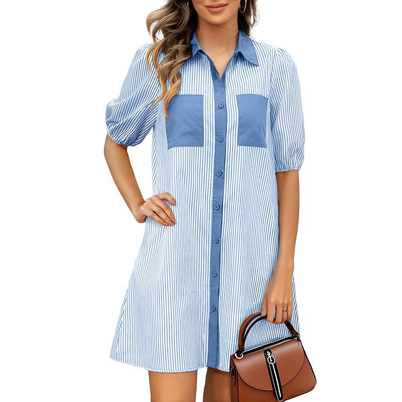 2026 European American Short-Sleeve Striped Shirt Dress - Women's Single-Breasted Style