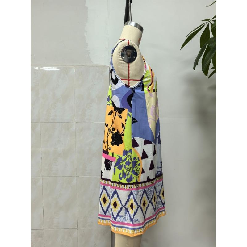 Women Sexy European American Printed V Neck Camisole Mid Length A Line Dress