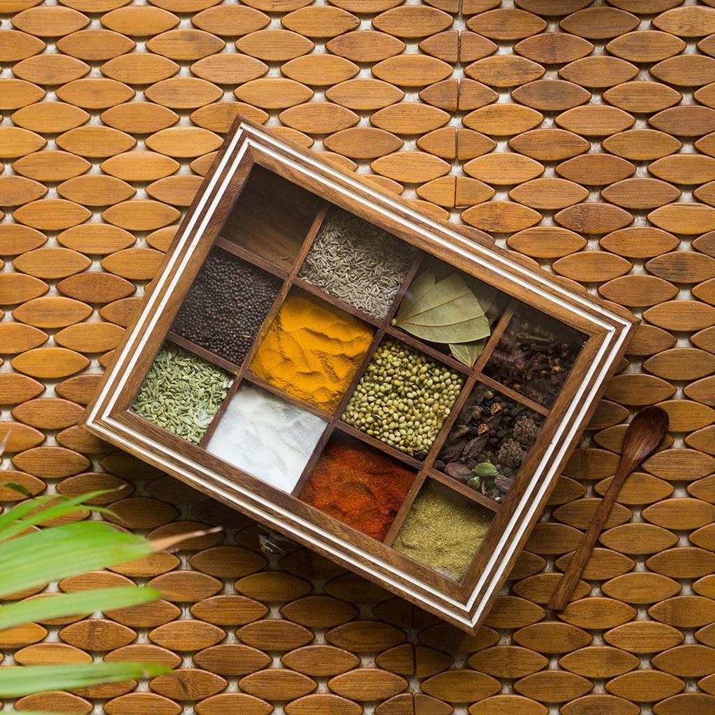 Sheesham Wooden Spice Box for Kitchen with Spoon (12 Partitions, Non Detachable, 90 Ml, Brown)
