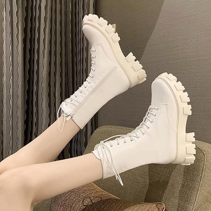 Petite Women's White High-Top Martin Boots, Thick-Soled British Style Mid-Calf Shoes for Spring and Autumn 2025.