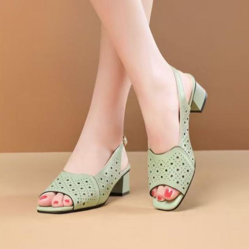 Versatile Thick Heel Fashionable Hollow Fish Mouth Sandals for Women Summer Mid Heel Buckle Sandals