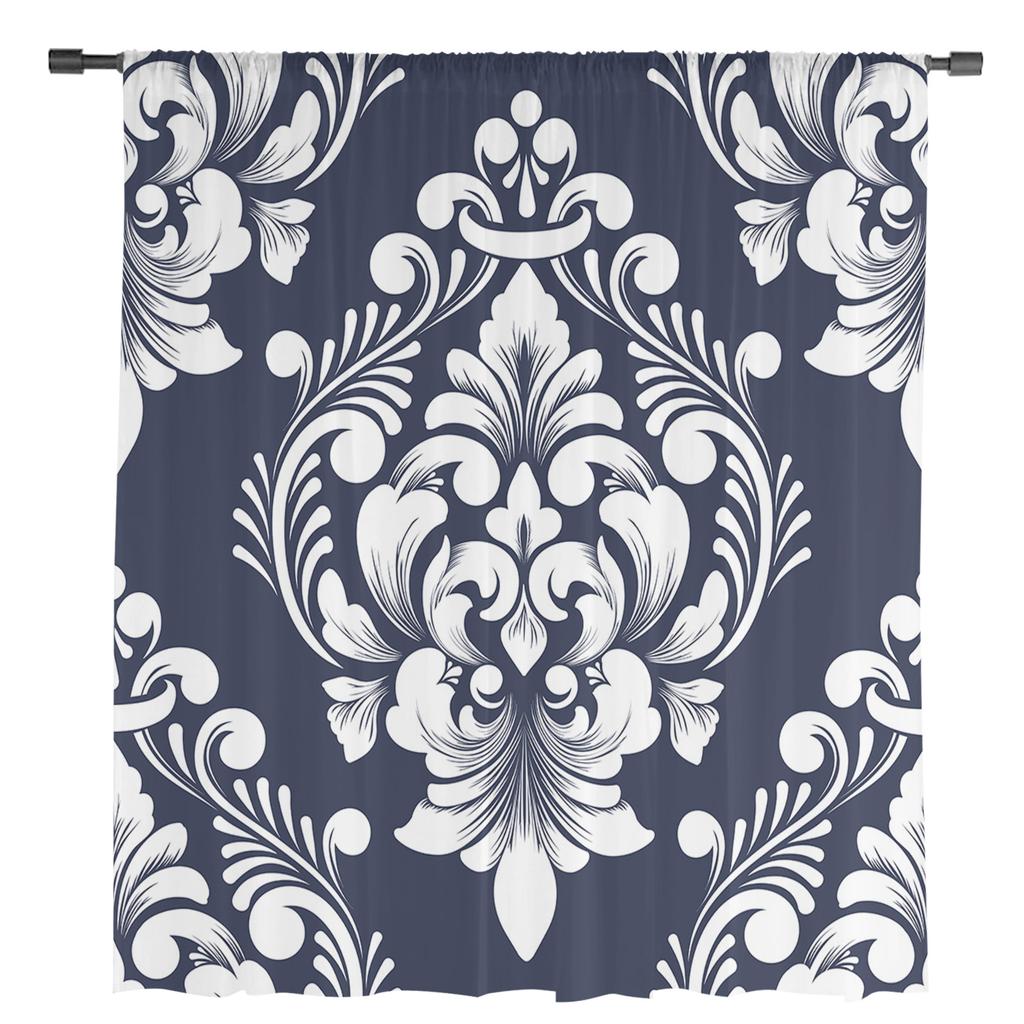 Klasický luxusní damaškový námořnicky modrý tylový okenní závěs průsvitné volány závěsy do obývacího pokoje domácí dekorace závěsný panel