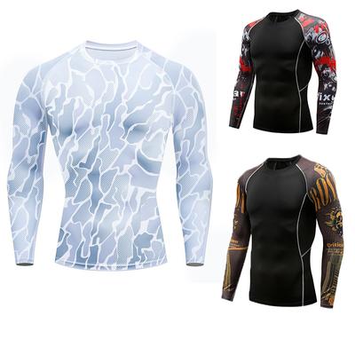 Herren Langarm T-Shirt mit modischem Print, elastisches Trainings-T-Shirt, Fitnessstudio, Fitness, Workout, Strumpfhose, Sporttrikot, sportliches Laufshirt Herren