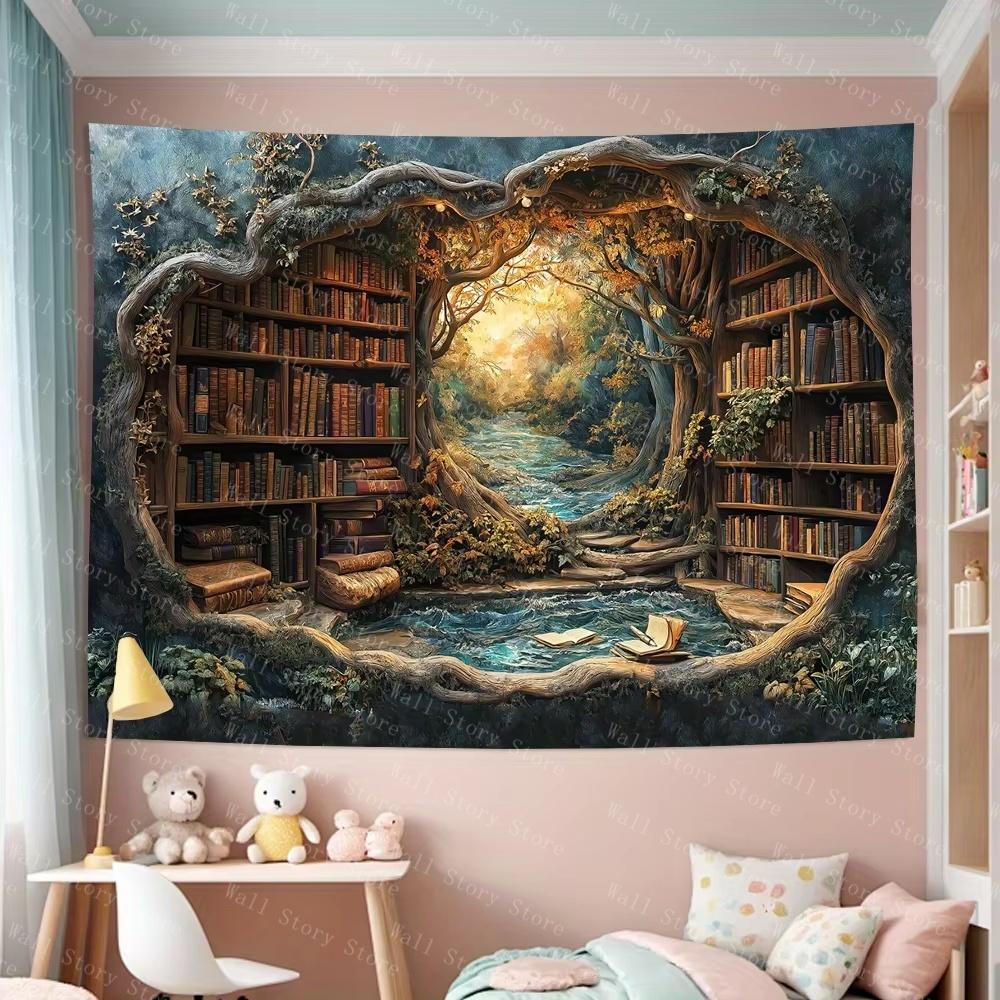 3D Magic Forest Bookshelf Tapestries Wall Hanging-Gorgeous Wall Art Tapestries for Living Room Office and Home Decor Tapestry